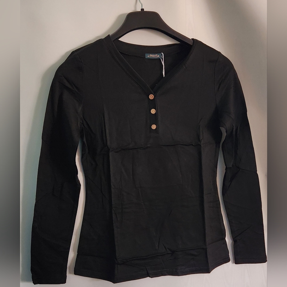 NWT OFEEFAN L/S Black Thermal Shirt  Women 3 Button Placket V Neck Fleece Size L